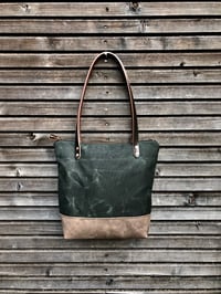 Image 1 of Waxed canvas tote bag with leather handles and zipper closure