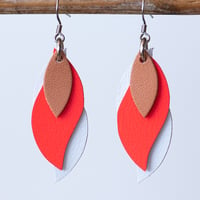 Image 1 of Handmade Australian leather leaf earrings - Tan, coral, white [LCO-081]