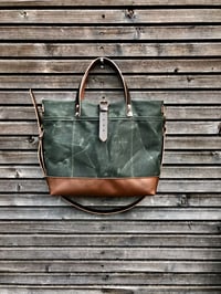 Image 1 of Waxed canvas tote bag with leather handles and shoulder strap