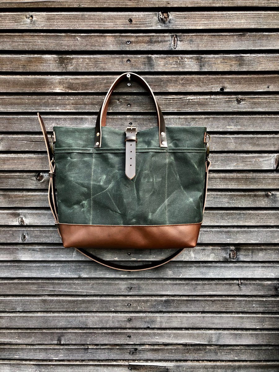 Image of Waxed canvas tote bag with leather handles and shoulder strap