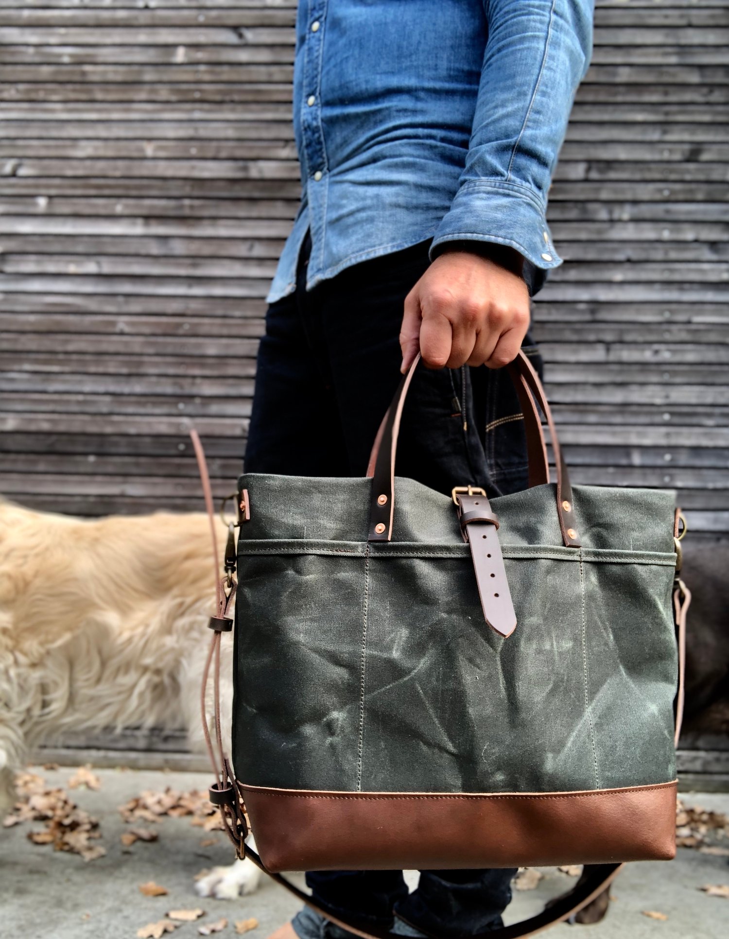 Waxed canvas tote bag with leather handles and shoulder strap ...