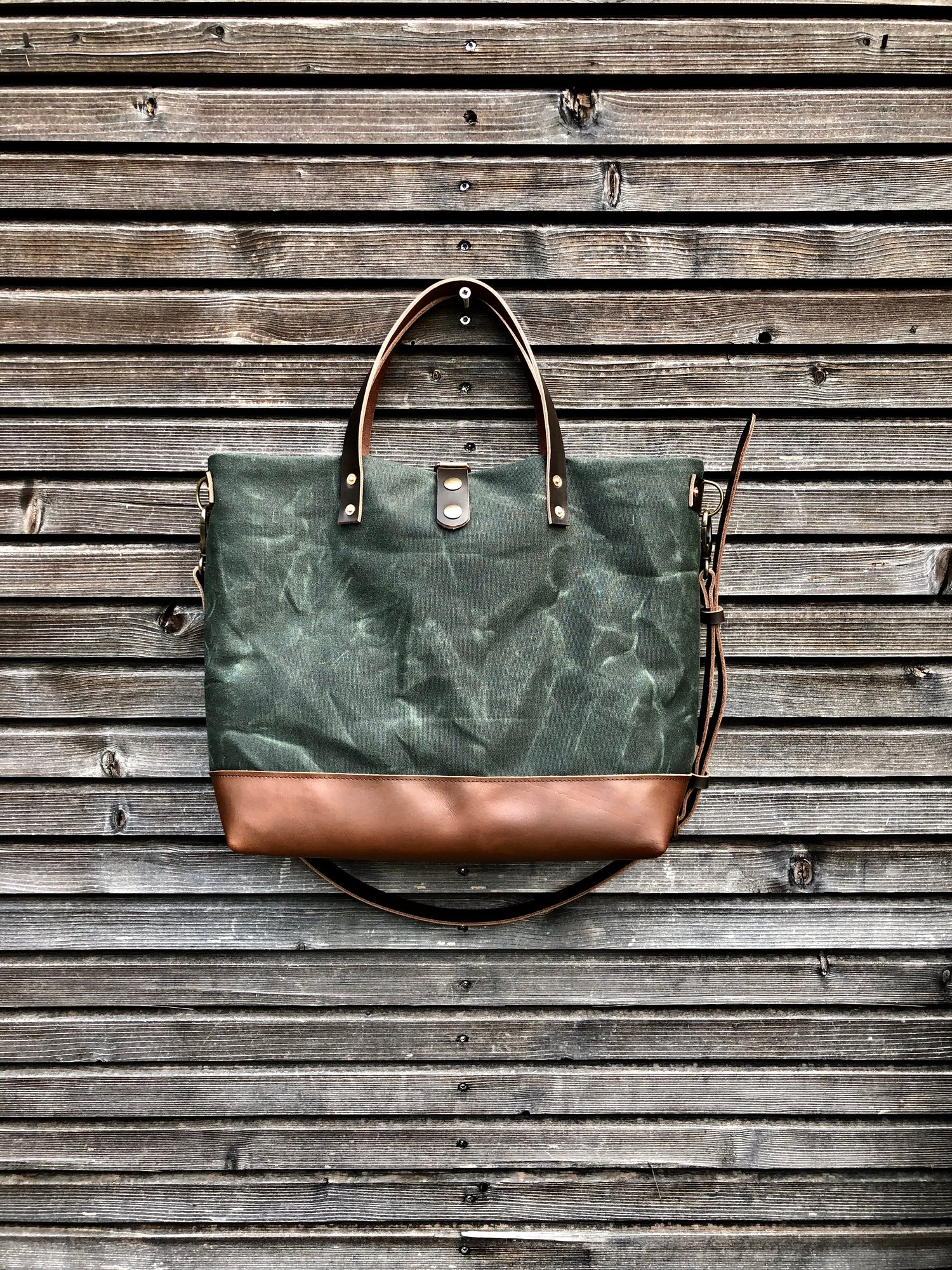 Image of Waxed canvas tote bag with leather handles and shoulder strap