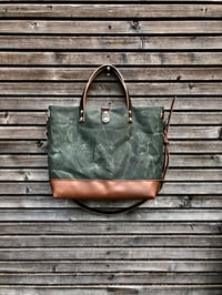 Image 3 of Waxed canvas tote bag with leather handles and shoulder strap