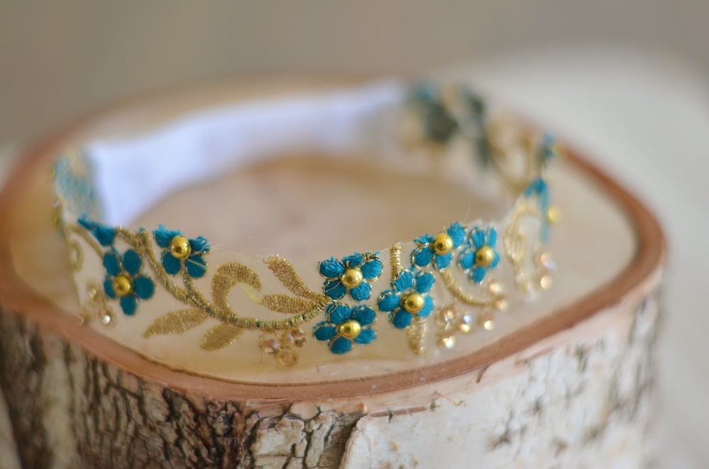 Image of Floral embroidery gold/teal headband 