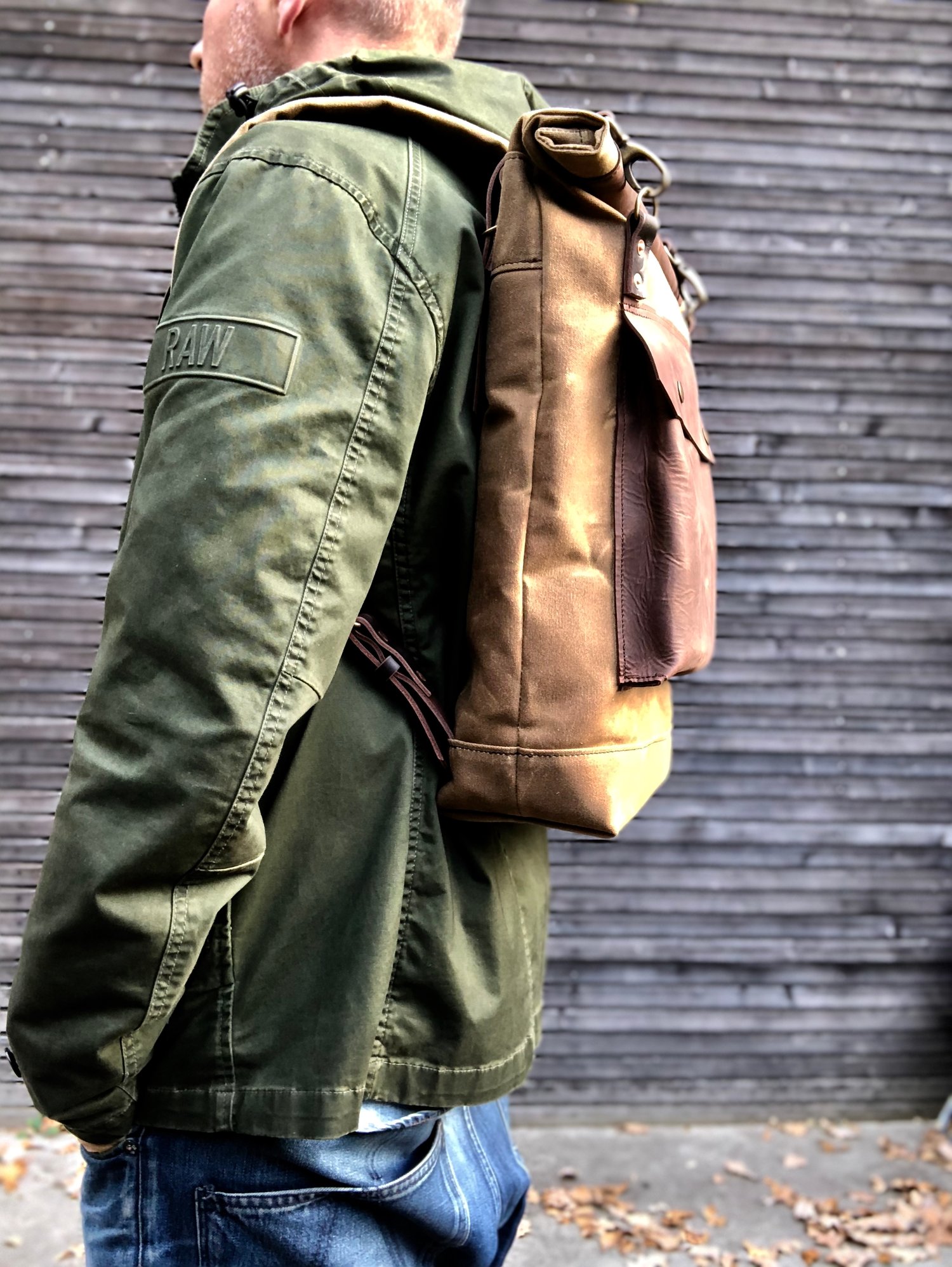Image of Waxed canvas rucksack/backpack with roll up top and double waxed bottem COLLECTION UNISEX
