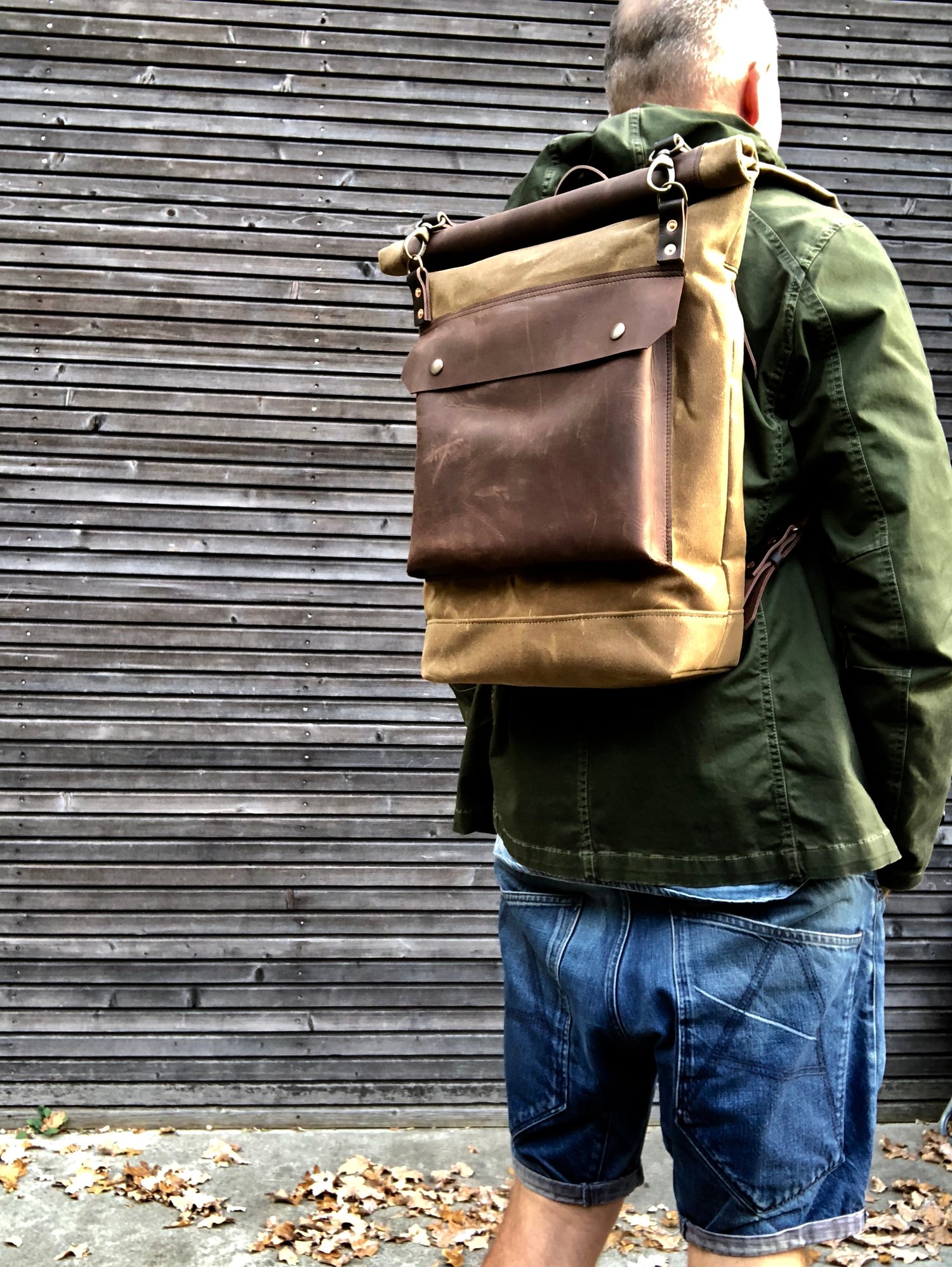 Image of Waxed canvas rucksack/backpack with roll up top and double waxed bottem COLLECTION UNISEX