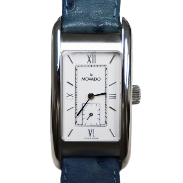 Image of New Vintage Men's Movado Kurba Mechanical Watch, 17 Jewel with Blue Ostrich Band