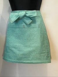 Image 2 of Happy Host Apron | Vintage Couture | Handmade Waist Apron Aqua Vintage Cotton Print  
