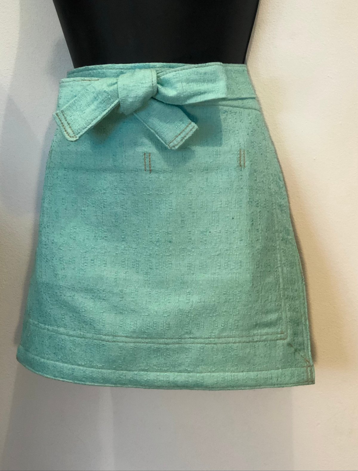 Happy Host Apron | Vintage Couture | Handmade Waist Apron Aqua Vintage Cotton Print  