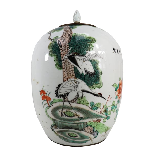 Image of Vintage Porcelain Chinese Temple Jar with Crane, Floral Design and Poem