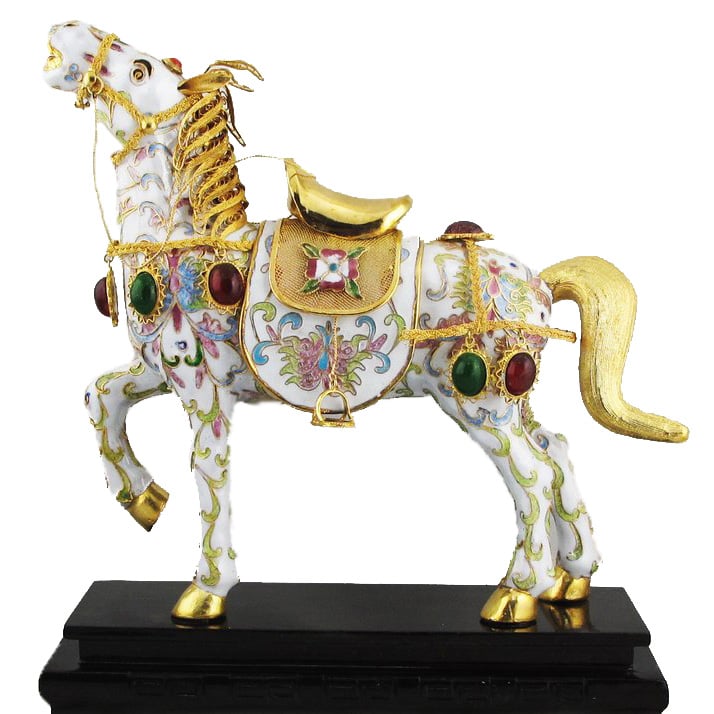 Image of VINTAGE CHINESE CLOISONNE HORSE FIGURE WITH GEMS: WHITE