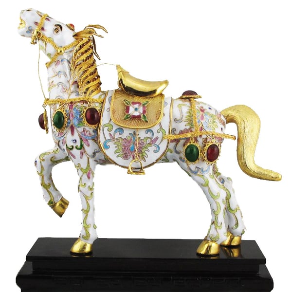 Image of VINTAGE CHINESE CLOISONNE HORSE FIGURE WITH GEMS: WHITE