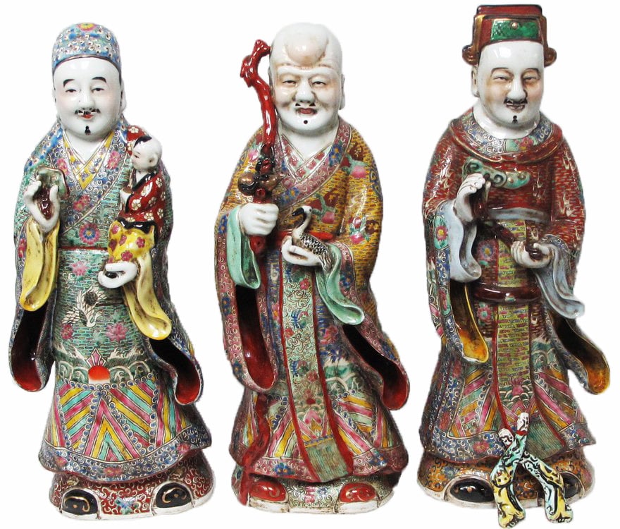 ANTIQUE SET OF THE 3 PORELAIN CHINESE IMMORTAL GODS: FU, LU, SHOU