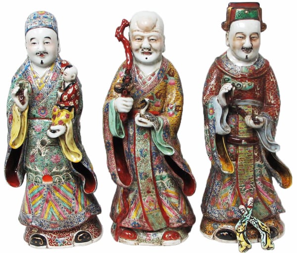 Image of ANTIQUE SET OF THE 3 PORELAIN CHINESE IMMORTAL GODS: FU, LU, SHOU