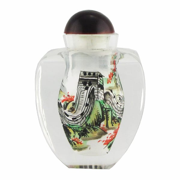 Image of VINTAGE CHINESE GLASS SNUFF BOTTLE: HAND-PAINTED GREAT WALL DESIGN