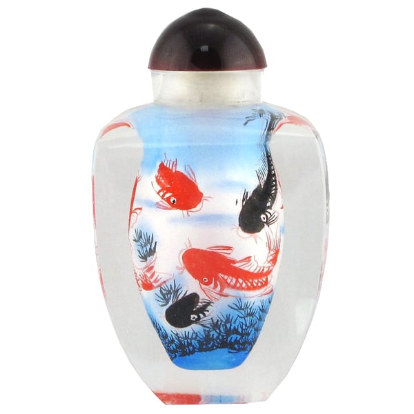 Image of VINTAGE CHINESE GLASS SNUFF BOTTLE: HAND-PAINTED KOI FISH DESIGN