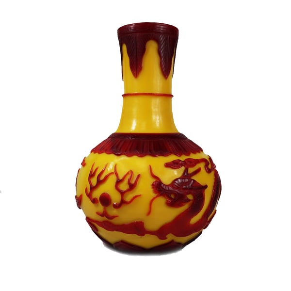 Image of VINTAGE CHINESE YELLOW PEKING VASE: Red Phoenix & Dragon Overlay