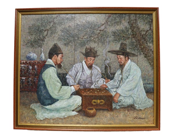 Image of Sicho Oil Painting: 3 Korean Men Playing Checkers with Pipes