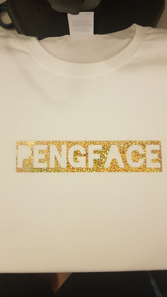 Image of White 'Gold Sparkle' Pengface T-shirt. 