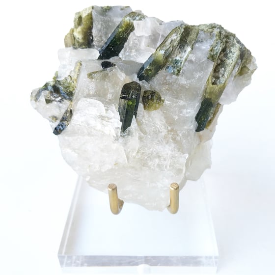 Image of Green Tourmaline Crystals/Quartz no.58 + Lucite and Brass Stand Pairing