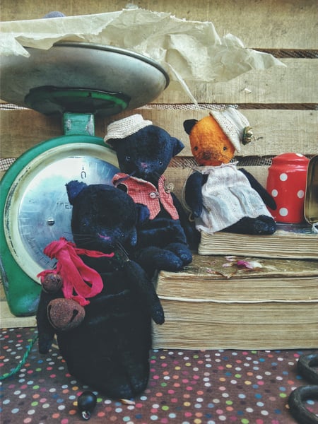 Image of Handmade pocket size primitive artist teddy bear black cats Julia, Julian and Jingle.