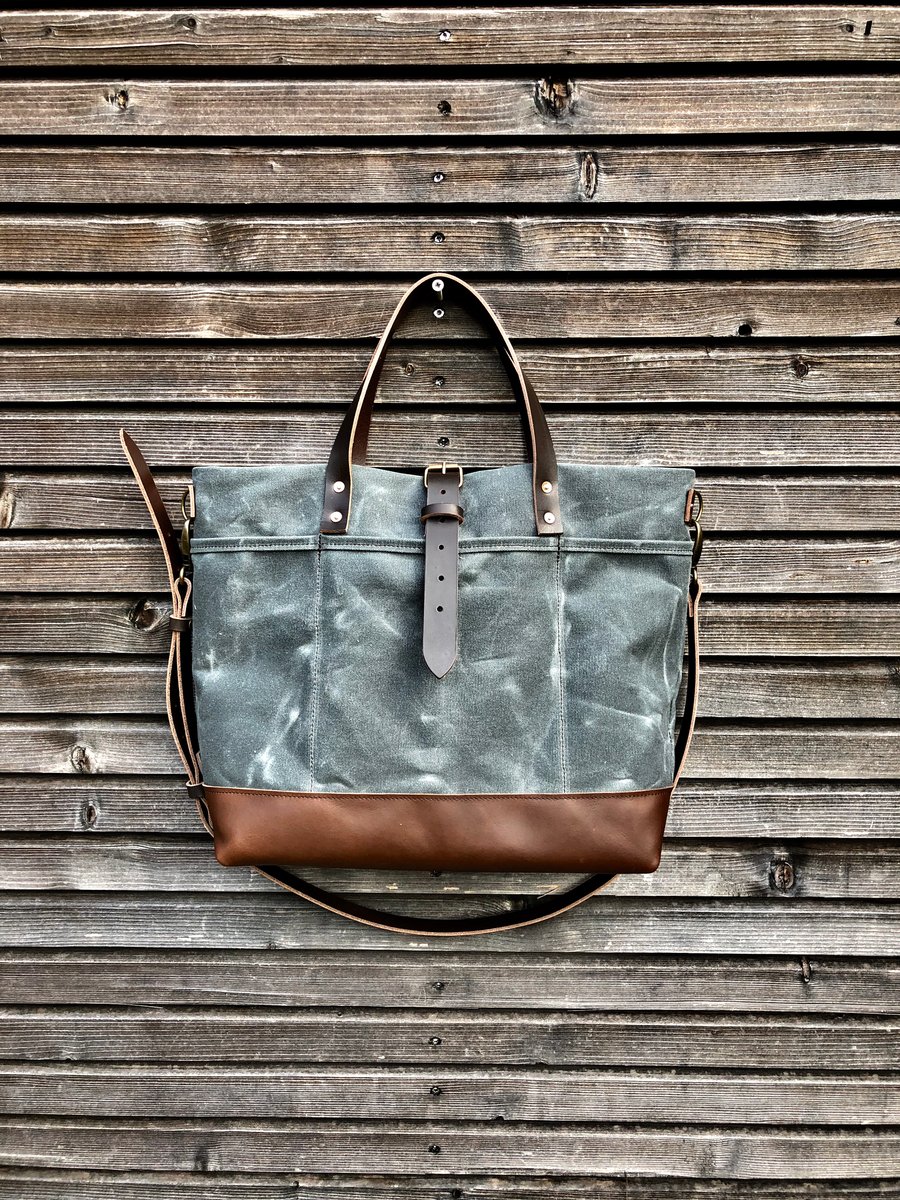 Image of Waxed canvas tote bag with cross body strap