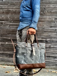 Image 2 of Waxed canvas tote bag with cross body strap