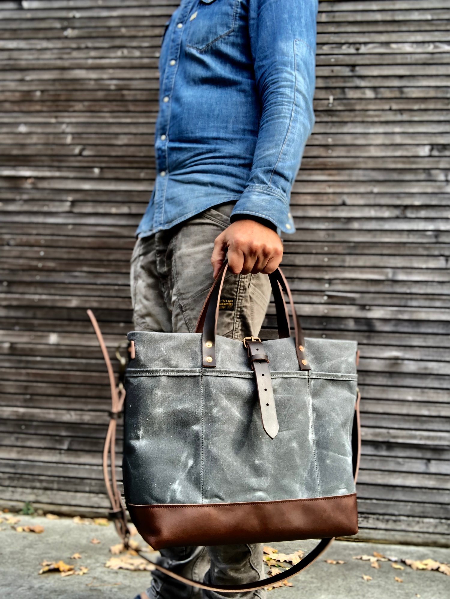 Men's waxed canvas online tote bag