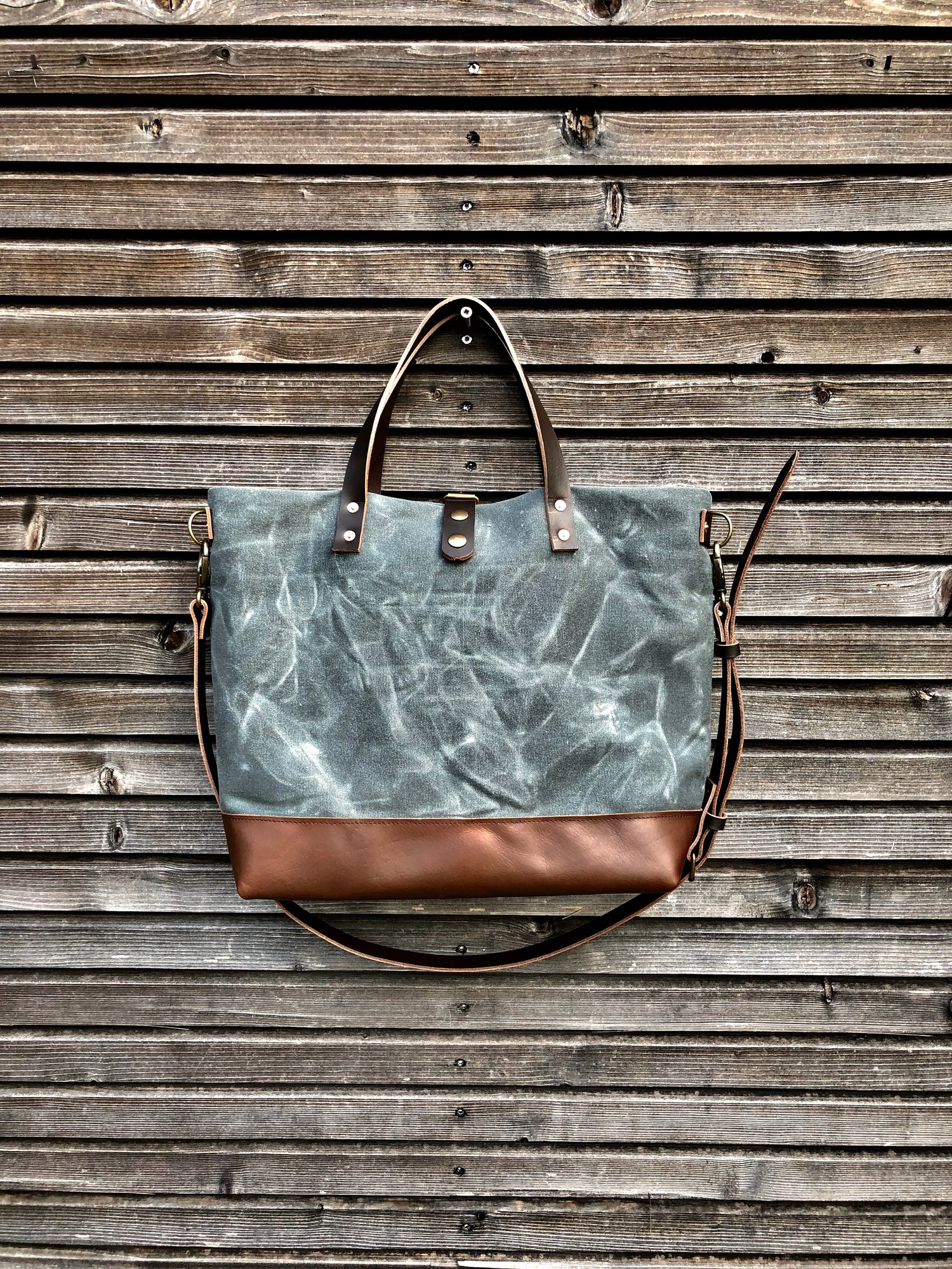 Image of Waxed canvas tote bag with cross body strap