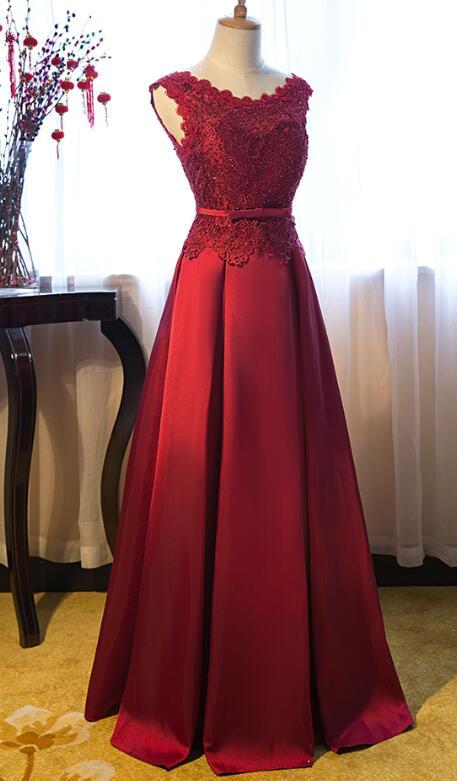 Dark Red New Style Junior Prom Dress 2019, Lace and Satin Gown