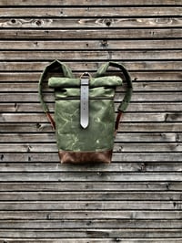 Image 1 of Commuter backpack waxed canvas leather in medium size / Hipster Backpack with roll up top and leathe