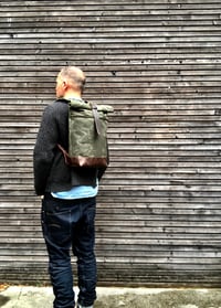 Image 3 of Commuter backpack waxed canvas leather in medium size / Hipster Backpack with roll up top and leathe