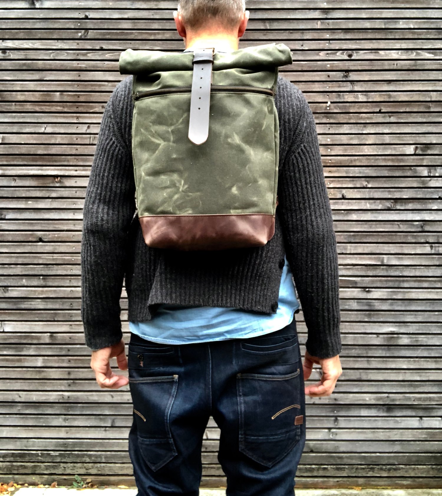 Image of Commuter backpack waxed canvas leather in medium size / Hipster Backpack with roll up top and leathe