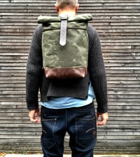 Image 4 of Commuter backpack waxed canvas leather in medium size / Hipster Backpack with roll up top and leathe