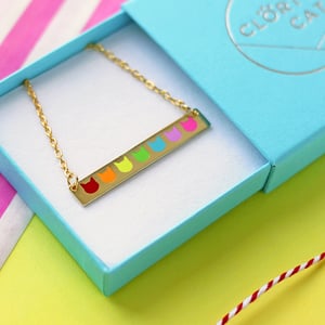 Image of Rainbow cat head, gold bar necklace - gold plated - gift boxed enamel necklace