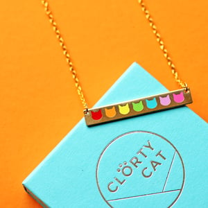Image of Rainbow cat head, gold bar necklace - gold plated - gift boxed enamel necklace