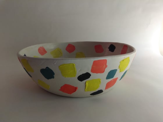 Image of Porcelain Bowl with Green, Grey, Yellow, and Orange Slip