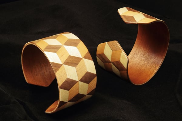 Image of Louis Cubes Patterned Marquetry Wide Cuff Bracelet – Unisex Marquetry Jewelry