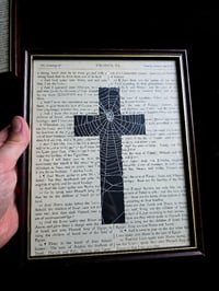 Image 1 of " 2 way Crucifix" 1800's bible page with preserved spider web 1