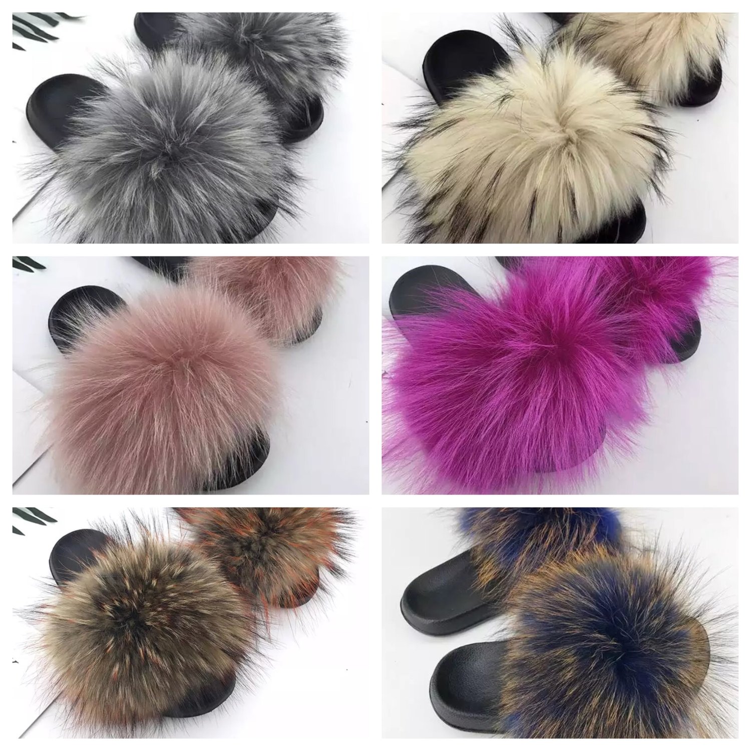 Faux raccoon fur slides