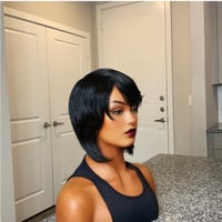 Image 3 of MARY | Glossy 100% Human Hair Salt & Pepper Bob Wig with Blunt Bangs