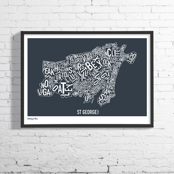 Image of St George Typographic Map - Available in Charcoal or Aqua