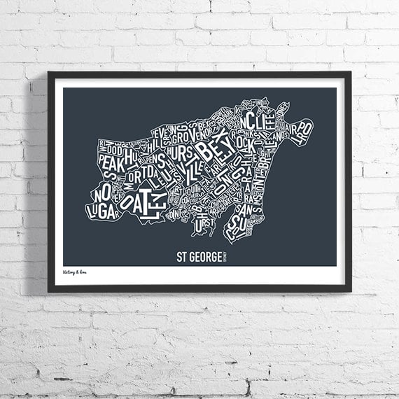 St George Typographic Map - Available in Charcoal or Aqua / Victory & Lore