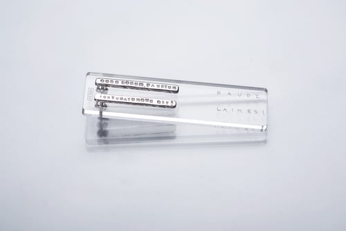 Image of long plain silver earrings with inscription in Latin