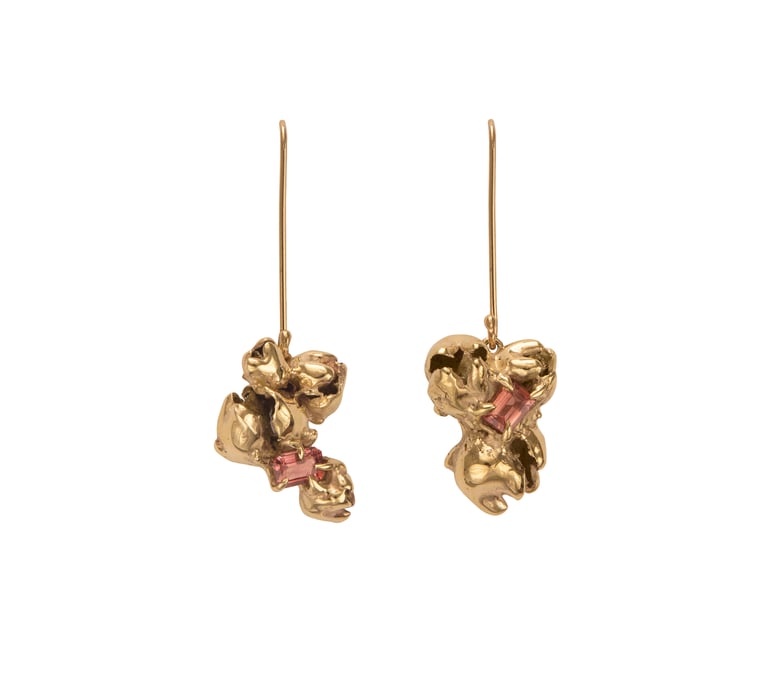 Image of Yellow Gold Pink Tourmaline Pod Cluster Earrings 