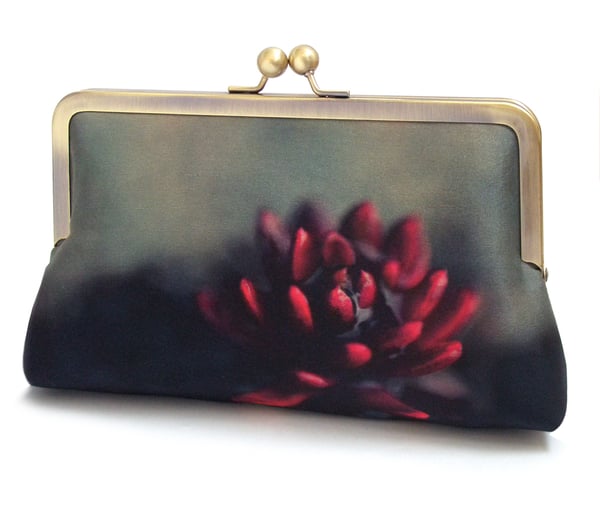 Image of Red flower, printed fabric clutch bag + optional chain handle