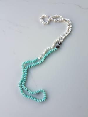 Fresh Water Pearl, Amazonite, & Tahitian Pearl Baby Helix Necklace 