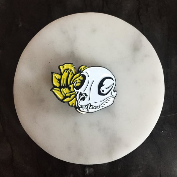 Image of Cat Skull and Peony Enamel Pin