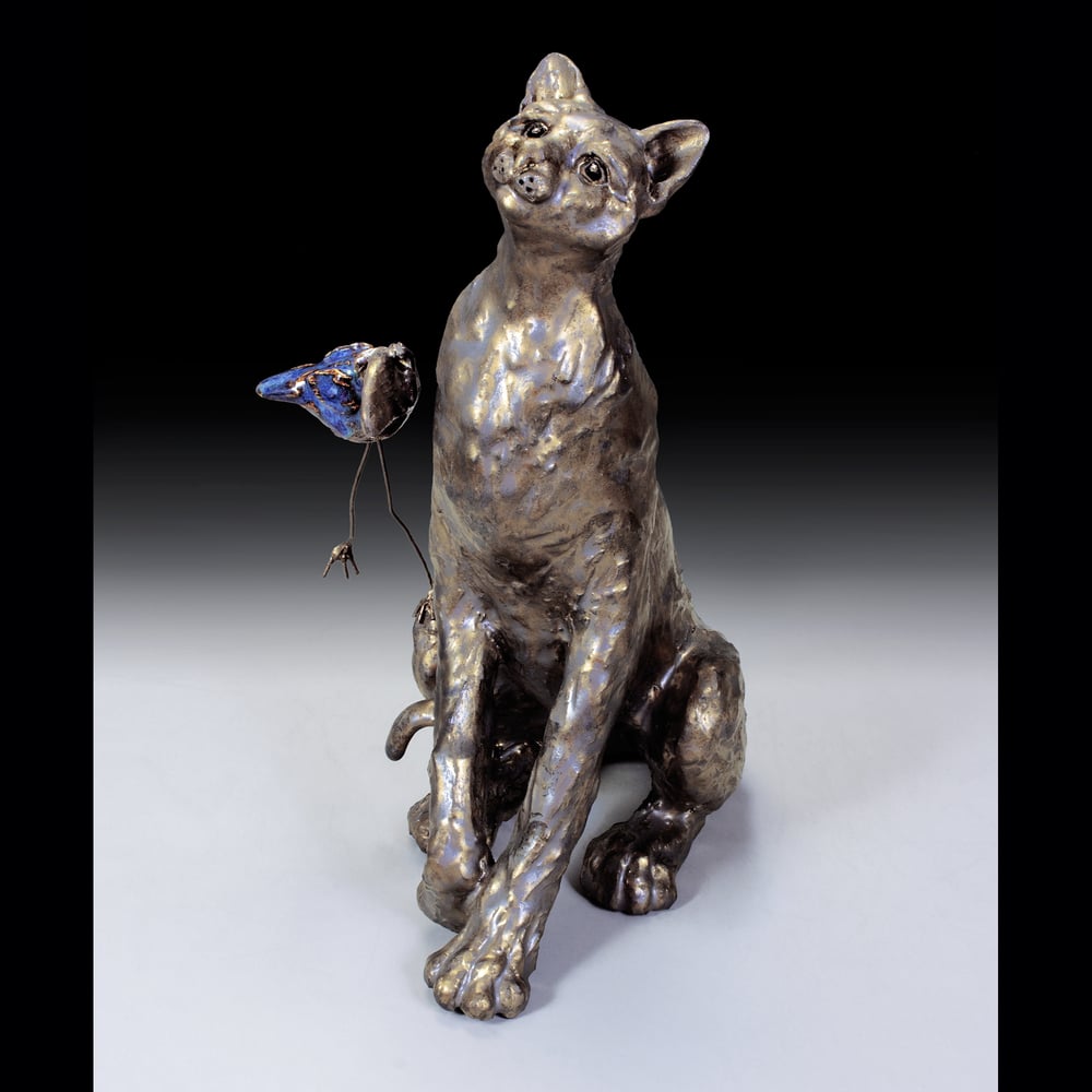 Image of Ceramic Cat Sculpture - Mo Bit and Bingo Bird