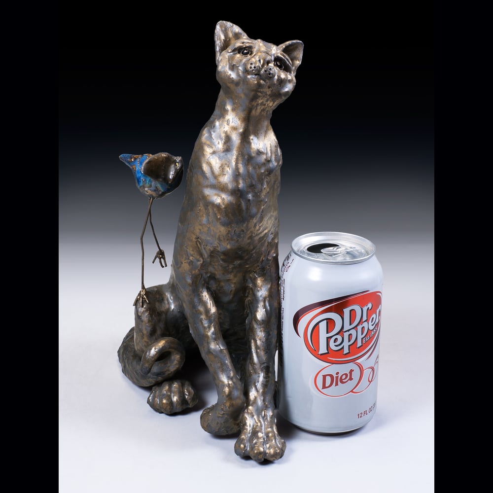 Image of Ceramic Cat Sculpture - Mo Bit and Bingo Bird